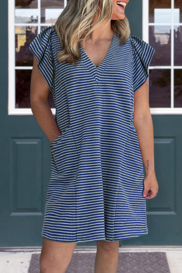 Blue Stripe Textured Knit V Neck Flutter Sleeve Shift Mini Dress