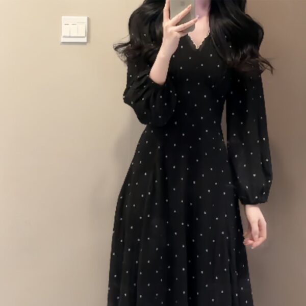 French Style Elegant Black V-Neck Polka Dot Long Sleeve Dress
