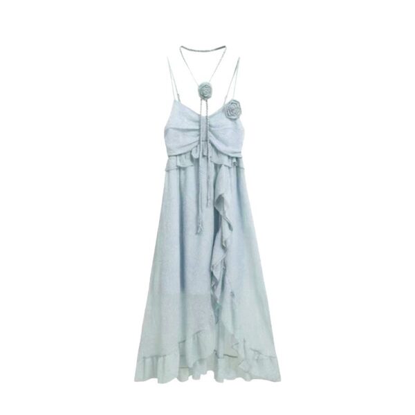 564075402 Chic French Beach Vacation Blue Strap Dress for Women