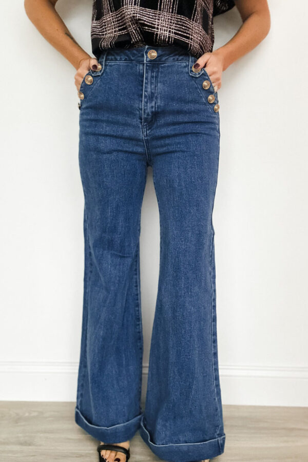99027887-0871618b1c3662a7.jpg Ashleigh Blue Golden Button Detail Rolled Edge Flare Leg Jeans