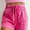 Rose Red Mineral Washed Drawstring Elastic Waist Raw Cut Shorts