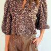 Brown Leopard Bow Tie Puff Sleeve Blouse