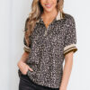 99027916-097e1aca8da0bda7.jpg Khaki Leopard Print Half Zip Striped Trim Patchwork Short Sleeve Top