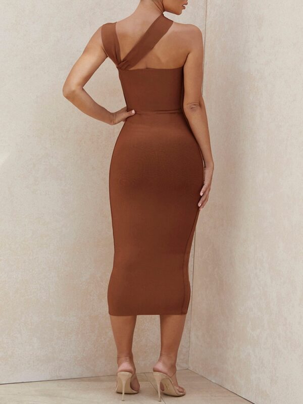 565301891 One Shoulder Midi Dress Sexy Waist Hollow Out Design Celebrity Party Club Bandage Dress