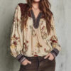 V-Neck Lace-Patchwork Long-Sleeve Floral Print Womens T-Shirt
