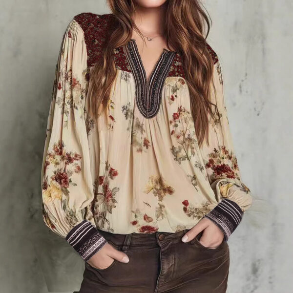 V-Neck Lace-Patchwork Long-Sleeve Floral Print Womens T-Shirt