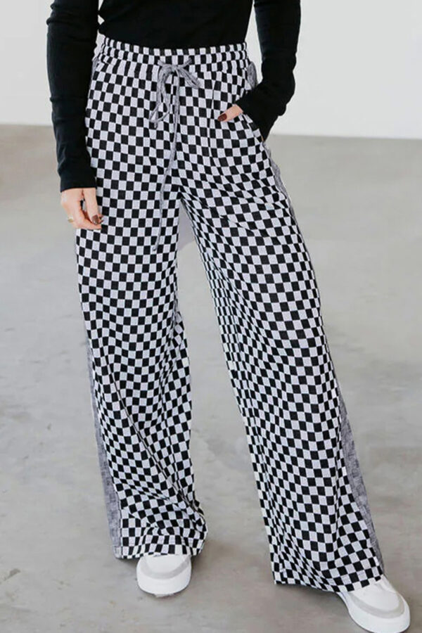 99128540-0cc62564c5e769e9.jpg White Checkerboard Drawstring Waist Casual Pants