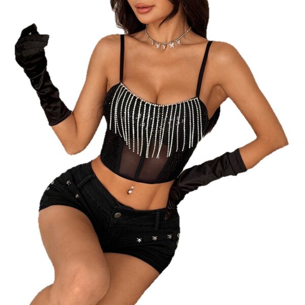 Womens Patchwork Diamond-Chain Fishbone Midriff-Baring Tank Top With Zipper