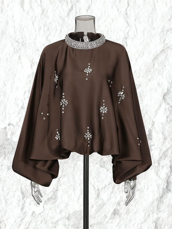 Round Neck Rhinestone Loose Solid Color Pullover Shirt