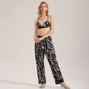Zebra-Print Satin Chiffon Pajamas For Women Summer Cami Top And Pants Casual Loungewear Set