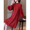 Stand-Up Collar Knee-Length Heavyweight Pleated Dress for Women