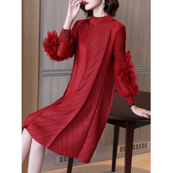 Stand-Up Collar Knee-Length Heavyweight Pleated Dress for Women