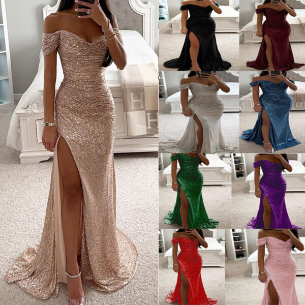 565302054 One-Shoulder Slit Dress INS Casual Fashion Party Sequin Dress