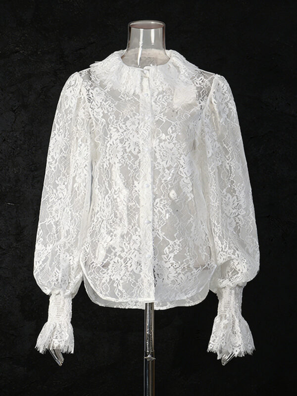 Lantern Sleeve Bow Tie Lace Embroidered Shirt