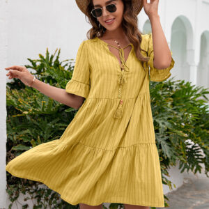 New Women's Loose Casual Dress Mid Length V Neck Dress