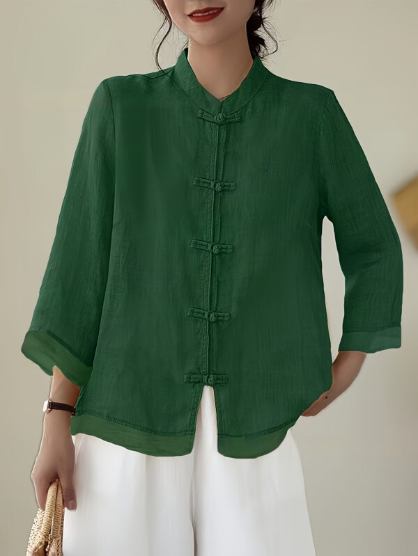 Chinese-style Patchwork Button-Placket Cropped-Sleeve Loose-fit Retro Chinese-style Shirt