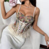 Womens Retro Jacquard Patchwork Lace Mini Ruffle Fishbone Bra-Padded Halter Neck Tank Top