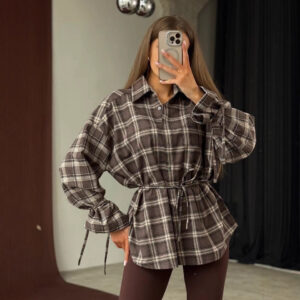 Womens Retro Plaid Shirt Jacket With Long Sleeves