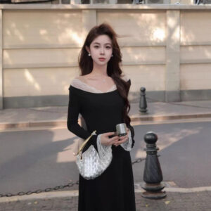 564075483 French Style Lace Spliced Off-Shoulder Midi Dress