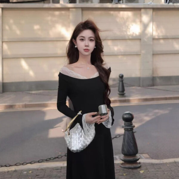 564075483 French Style Lace Spliced Off-Shoulder Midi Dress