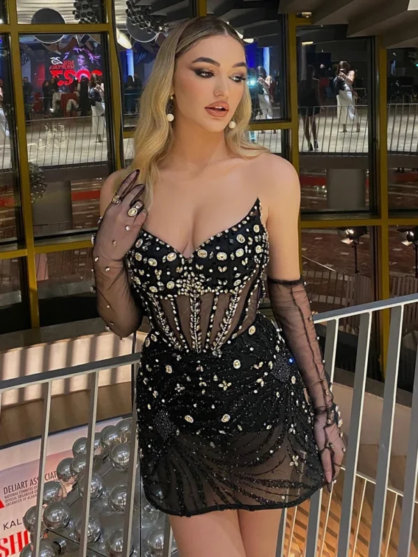 Strapless Luxury Crystal Design Evening Party Clubwear