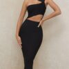 565301893 One Shoulder Midi Dress Sexy Waist Hollow Out Design Celebrity Party Club Bandage Dress