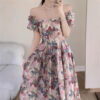 Chic French Style Square Neck Bubble Sleeve Floral Print Midi Dress
