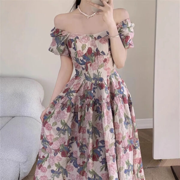 Chic French Style Square Neck Bubble Sleeve Floral Print Midi Dress