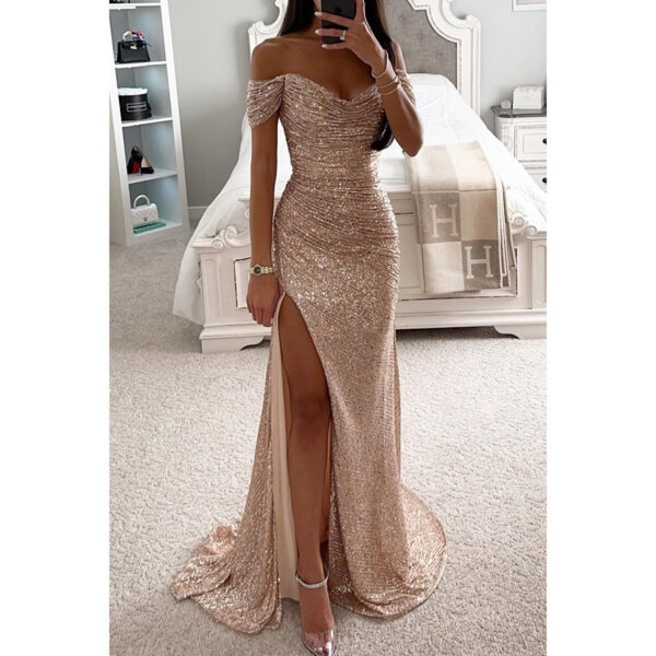 565302053 One-Shoulder Slit Dress INS Casual Fashion Party Sequin Dress