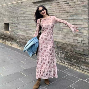 French Rose Print Mesh Two-Piece Dress for Women