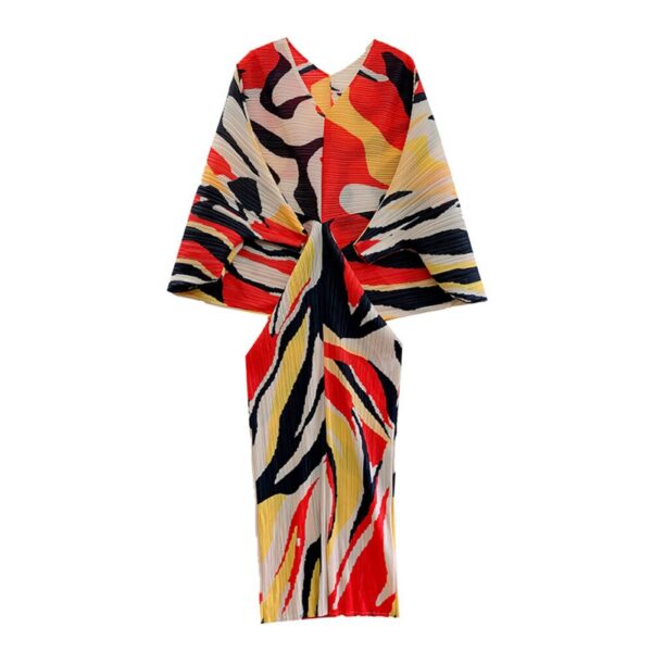 Printed Bat Sleeves Pleated Long Three-quarter Sleeve Party Dresses