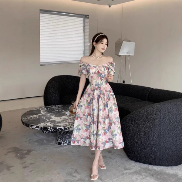 Chic French Style Square Neck Bubble Sleeve Floral Print Midi Dress