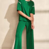 Blackish Green Contrast Trim Half Sleeve Top Drawstring Pants Loose 2pcs Sweater Suit
