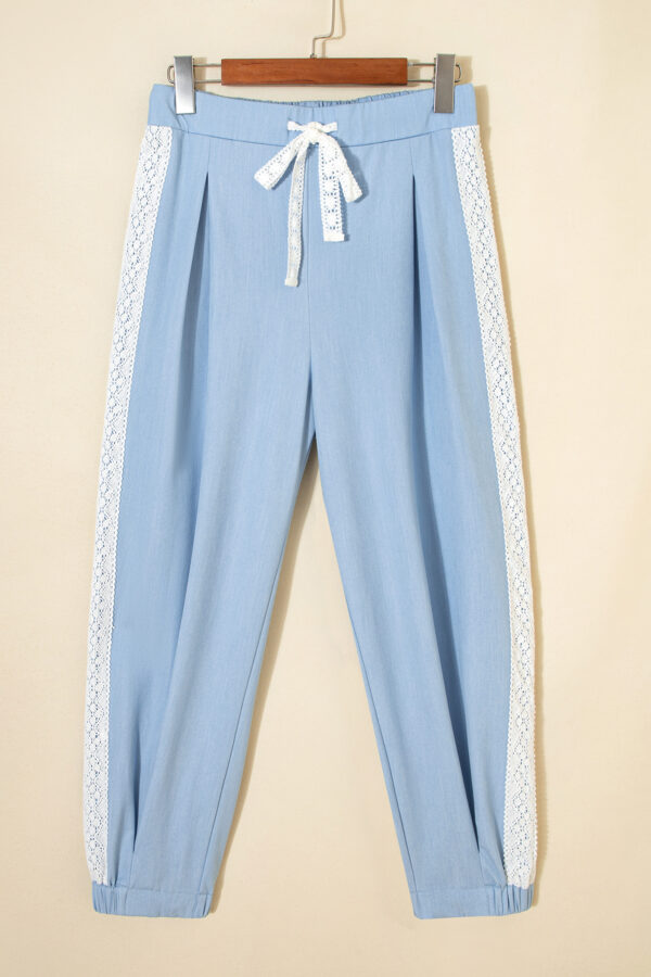 99028021-1ec48e9ff6a2b608.jpg Beau Blue Lace Accent Floral Patched Pocket Pleated Wide Leg Slouchy Pants