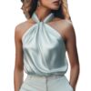 Womens Solid-color Off-shoulder Halter Top With Tie-up Detail