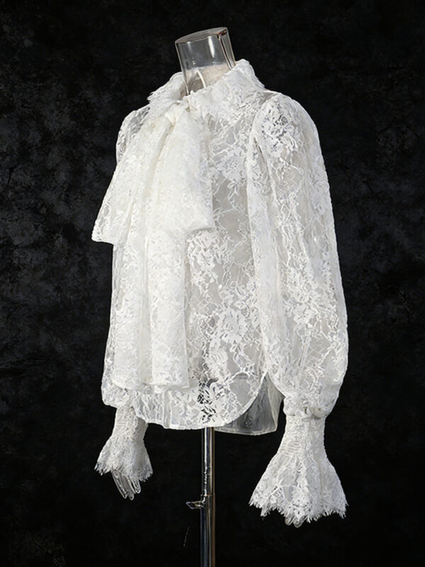 Lantern Sleeve Bow Tie Lace Embroidered Shirt