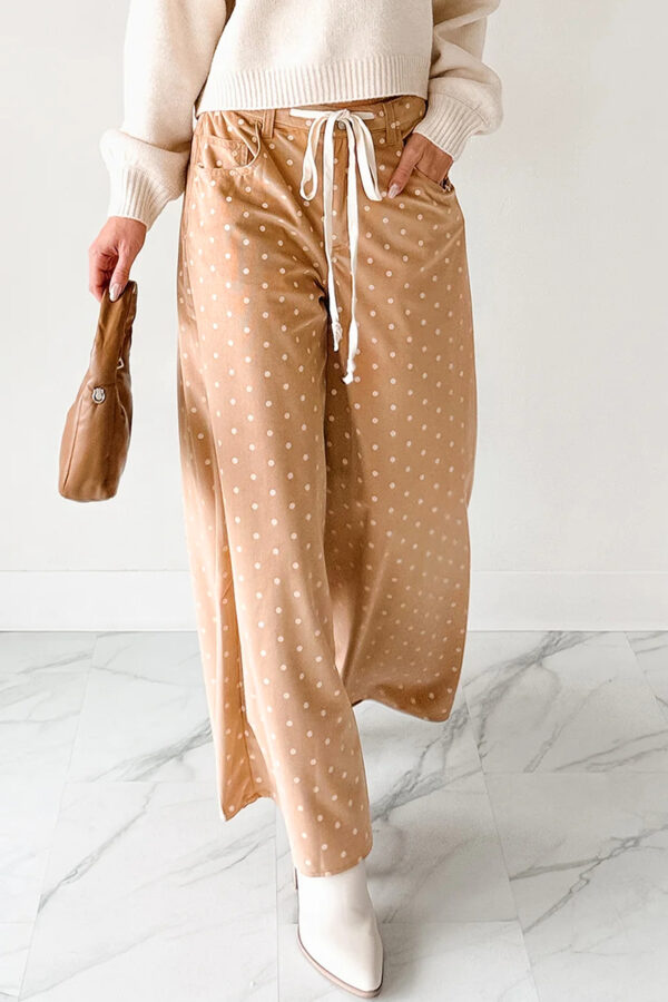 99128026-203a0a270091afc9.jpg Khaki Polka Dot Print Drawstring Wide Leg Pants