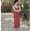 French Style Red Floral Strap Dress for Women