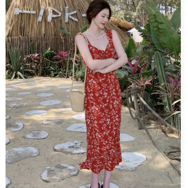 French Style Red Floral Strap Dress for Women
