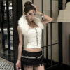 Womens Fashionable Sexy Strappy Cardigan With Faux Fur Collar T-Shirt