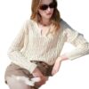 Solid-color Hollow-out V-neck Loose Laid-back Womens Pullover Knit Top