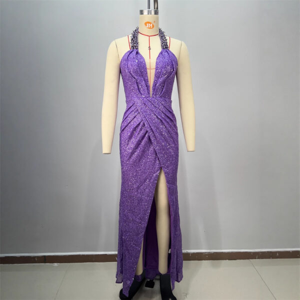 565302719 Backless Off-the-Shoulder Sequined Casual Pleated Long Fitted Party Dress