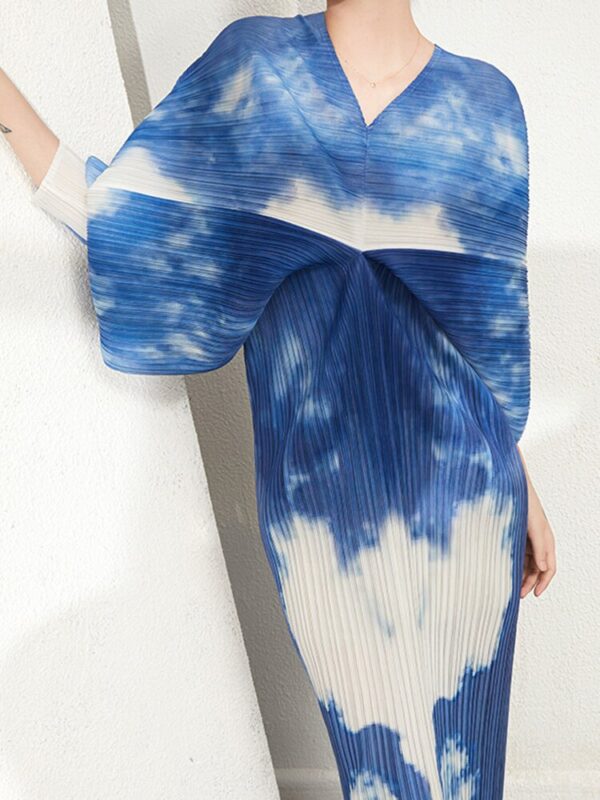 565302402 Pleated Irregular Batwing V Neck Elegant Autumn Print Casual Pullover Dress