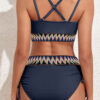 Navy Blue Ribbed Knit Tribal Contrast Detail 2pcs High Waist Swimsuit