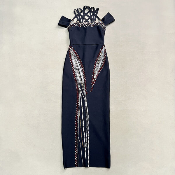 Backless Halter Fitted Beaded Embellished Bodycon Party Dress