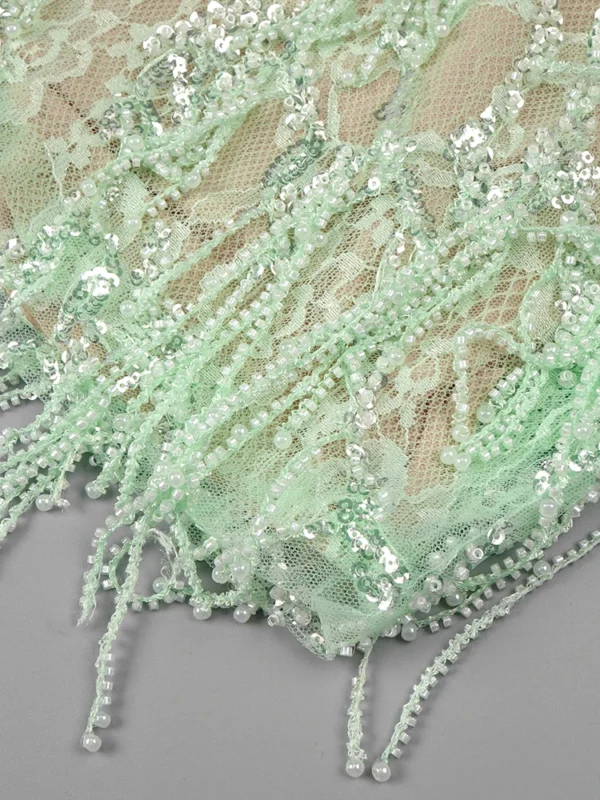 565301440 Beaded fringe light green strapless dress