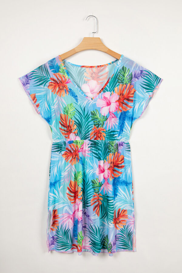Sky Blue Tropical Print V Neck Semi Sheer Beach Cover Up Dress
