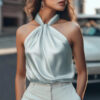 Womens Solid-color Off-shoulder Halter Top With Tie-up Detail
