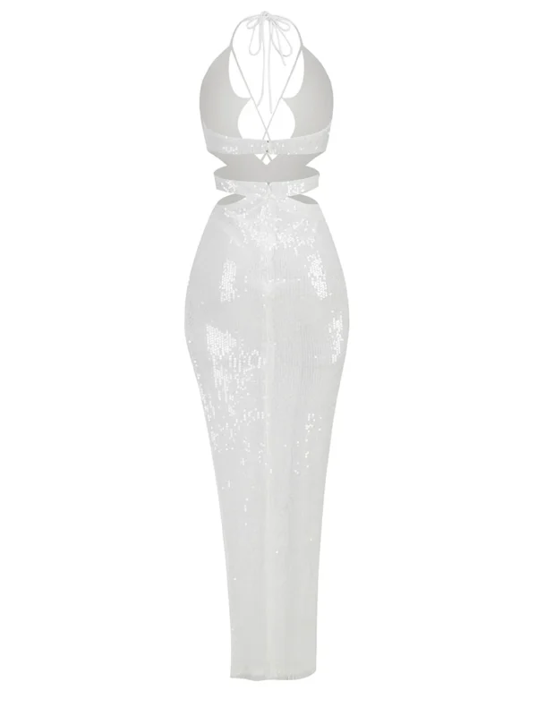 565302284 Sexy Hollow Out Sleeveless White Sequins Tight Long Dresses