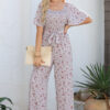White Smocked Short Sleeve Wide Leg Floral Print Jumpsuit